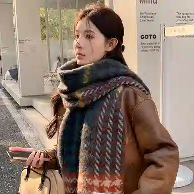 浪莎 撞色保暖经典千鸟格复古韩版百搭气质两用 心动礼盒装 聚酯纤维 绒线围巾 男女同款情侣款