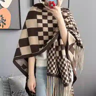 浪莎 时尚密码格纹双面仿羊绒秋冬季外搭高级感保暖流苏围巾斗蓬 聚酯纤维 披肩 女款