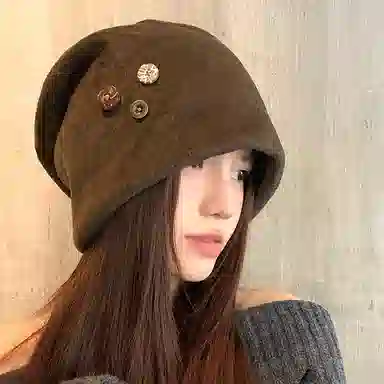 【潮酷穿搭】 浪莎 韩系毛呢纽扣冷帽堆堆帽女生秋冬高级感包头帽子显脸小护耳月子帽 涤纶 绒线帽 女款