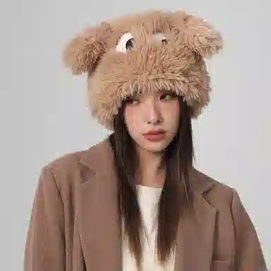 浪莎 日系甜美可爱卡通大眼小狗耳朵针织帽冬季时尚加厚保暖显白显脸小包头帽 聚酯纤维 绒线帽 女款