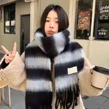 【加大加厚】 浪莎 流苏拼色条纹加大加厚围巾冬季韩系氛围感百搭保暖含羊毛软糯披肩围脖 绒线围巾 男女同款情侣款