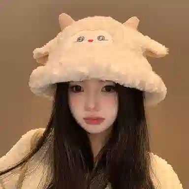浪莎 超可爱小绵羊毛绒秋冬季百搭显脸小保暖护耳 涤纶 渔夫帽 女款 白色