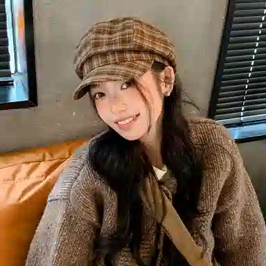 浪莎 复古格纹运动八角时尚简约大头围小众设计显脸小八角 棉 贝雷帽 男女同款情侣款