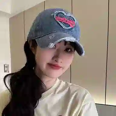 浪莎 春夏季爱心水洗做旧牛仔刺绣棒球帽户外出行甜酷辣妹防晒遮阳时尚潮流百搭大头围显脸小 棉 鸭舌帽 男女同款情侣款