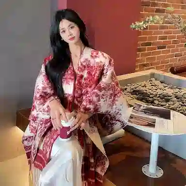 浪莎 复古名族风水墨画双面宽松流苏百搭保暖上衣外搭 聚酯纤维 披肩 女款