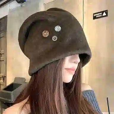 【潮酷穿搭】 浪莎 韩系毛呢纽扣冷帽堆堆帽女生秋冬高级感包头帽子显脸小护耳月子帽 涤纶 绒线帽 女款