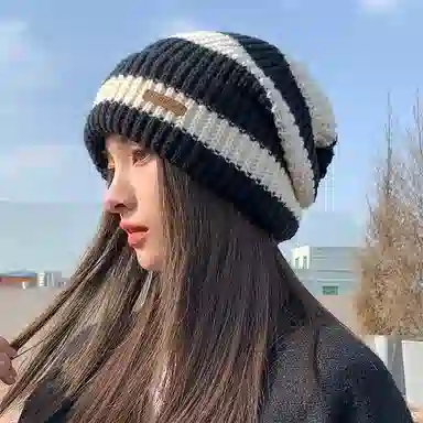 浪莎 韩式潮流字母贴标针织堆堆帽大头围时尚百搭休闲出街包头帽显脸小 聚酯纤维 绒线帽 男女同款情侣款