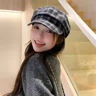 浪莎 复古格纹运动八角时尚简约大头围小众设计显脸小八角 棉 贝雷帽 男女同款情侣款