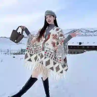 浪莎 民族风氛围感加厚斗篷旅游空调房开叉披风毛毯 礼盒装 聚酯纤维 披肩 女款