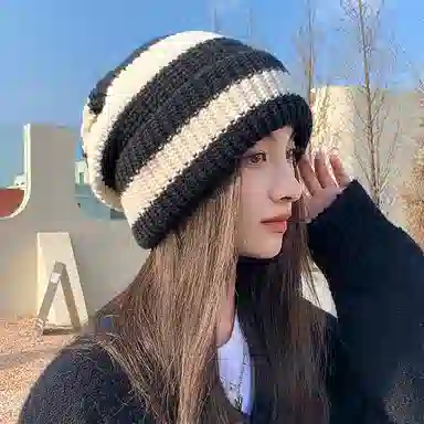 浪莎 韩式潮流字母贴标针织堆堆帽大头围时尚百搭休闲出街包头帽显脸小 聚酯纤维 绒线帽 男女同款情侣款