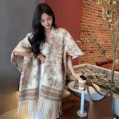 浪莎 复古名族风水墨画双面宽松流苏百搭保暖上衣外搭 聚酯纤维 披肩 女款