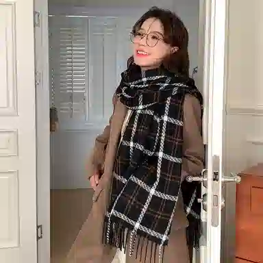 浪莎 秋冬季新款复古格子 学生加厚保暖高级感  礼盒装 聚酯纤维 绒线围巾 男女同款情侣款