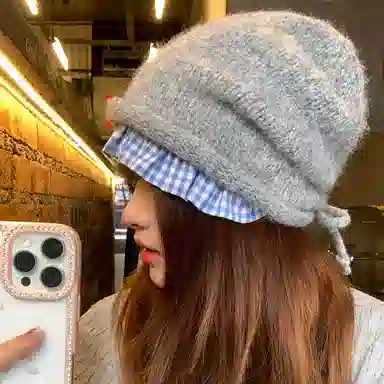 浪莎 日系小众设计慵懒风格纹花边堆堆帽保暖百搭显脸小  针织  绒线帽 女款