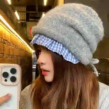 浪莎 日系小众设计慵懒风格纹花边堆堆帽保暖百搭显脸小  针织  绒线帽 女款