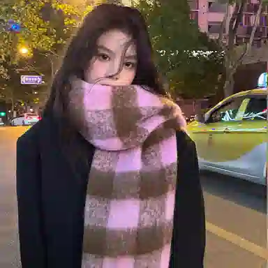 浪莎 超级氛围感马海毛流苏韩系加厚保暖格子仿羊绒 绒线围巾 通用