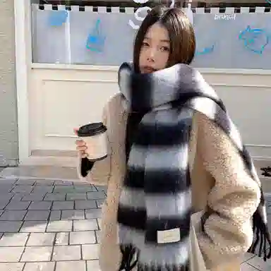 【加大加厚】 浪莎 流苏拼色条纹加大加厚围巾冬季韩系氛围感百搭保暖含羊毛软糯披肩围脖 绒线围巾 男女同款情侣款