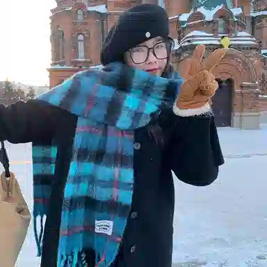 【冬季必备】 浪莎 冰岛蓝围巾秋冬季含羊毛韩系氛围感格子围脖护颈毛绒保暖披肩 绒线围巾 男女同款情侣款