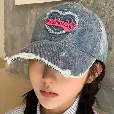 浪莎 春夏季爱心水洗做旧牛仔刺绣棒球帽户外出行甜酷辣妹防晒遮阳时尚潮流百搭大头围显脸小 棉 鸭舌帽 男女同款情侣款