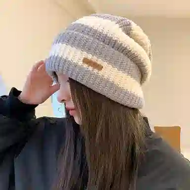 浪莎 韩式潮流字母贴标针织堆堆帽大头围时尚百搭休闲出街包头帽显脸小 聚酯纤维 绒线帽 男女同款情侣款