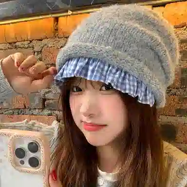 浪莎 日系小众设计慵懒风格纹花边堆堆帽保暖百搭显脸小  针织  绒线帽 女款