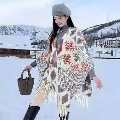 浪莎 民族风氛围感加厚斗篷旅游空调房开叉披风毛毯 礼盒装 聚酯纤维 披肩 女款