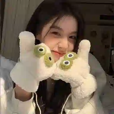 浪莎 女生可爱小青蛙秋冬卡通加绒加厚防寒保暖连指全指学生手套 涤纶 绒线手套 女款