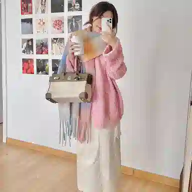 浪莎 软糯粉白 显白出片有氛围 加厚马海毛格子 礼盒装 聚酯纤维 绒线围巾 男女同款情侣款