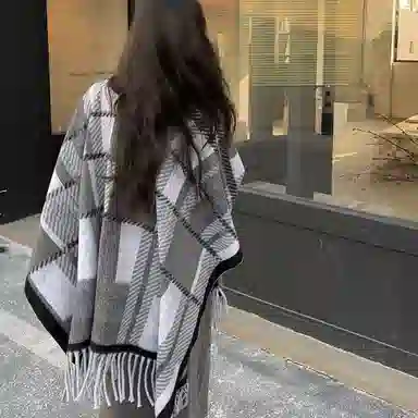 浪莎 复古百搭双面斗蓬外套宽松流苏围巾百搭保暖上衣外搭 聚酯纤维 披肩 女款