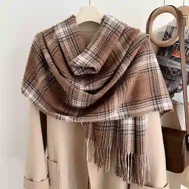 浪莎 韩版氛围感格子流苏秋冬季多巴胺色披肩保暖加厚学生围脖 礼盒装 聚酯纤维 绒线围巾 男女同款情侣款