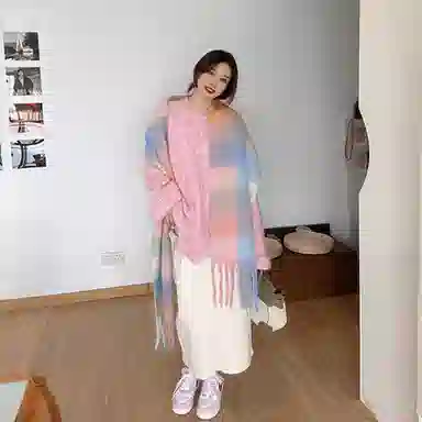 浪莎 软糯粉白 显白出片有氛围 加厚马海毛格子 礼盒装 聚酯纤维 绒线围巾 男女同款情侣款