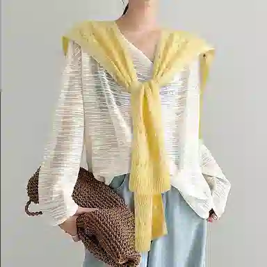 浪莎 韩系打结针织冰丝女款穿搭镂空外搭裙子衬衫坎肩秋季搭肩 披肩 女款