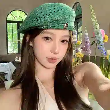 浪莎 日系学院风文艺多巴胺钩花镂空 棉麻 贝雷帽 女款