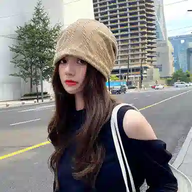 浪莎 韩式小清新简约纯色格纹堆堆休闲百搭防风包头大头围显脸小潮流 棉 绒线帽 男女同款情侣款