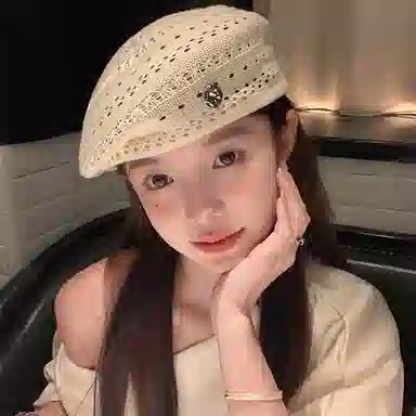 浪莎 日系学院风文艺多巴胺钩花镂空 棉麻 贝雷帽 女款
