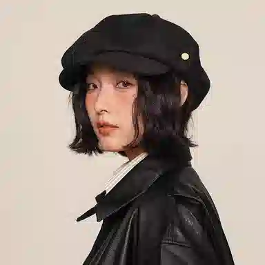 浪莎 时尚英伦复古风八角云朵帽女生秋冬纯色金属标简约百搭短檐贝雷帽 涤纶 贝雷帽 女款