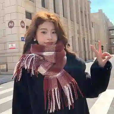 浪莎 韩系复古格纹氛围感学生保暖百搭 心动礼盒装 聚酯纤维 绒线围巾 男女同款情侣款