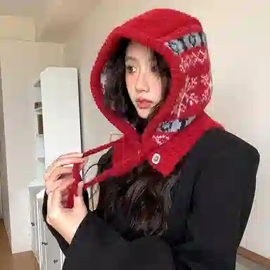 【圣诞氛围】 浪莎 费尔岛风秋冬季氛围感巴拉克拉法帽女生显脸小保暖护耳针织毛线帽 涤纶 绒线帽 男女同款情侣款