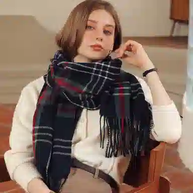 浪莎 条纹格子保暖学院风流苏 礼盒装 绒线围巾 男女同款情侣款