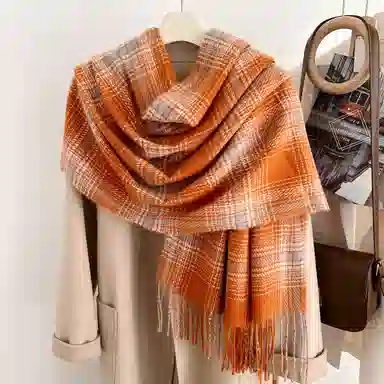 浪莎 韩版氛围感格子流苏秋冬季多巴胺色披肩保暖加厚学生围脖 礼盒装 聚酯纤维 绒线围巾 男女同款情侣款
