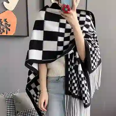 浪莎 时尚密码格纹双面仿羊绒秋冬季外搭高级感保暖流苏围巾斗蓬 聚酯纤维 披肩 女款