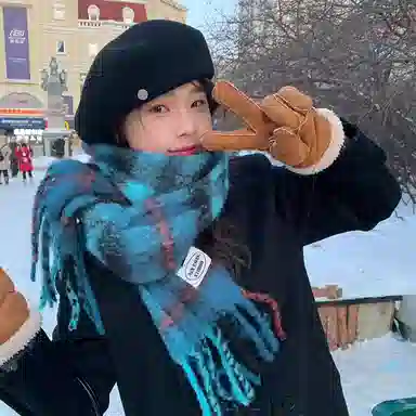 【冬季必备】 浪莎 冰岛蓝围巾秋冬季含羊毛韩系氛围感格子围脖护颈毛绒保暖披肩 绒线围巾 男女同款情侣款