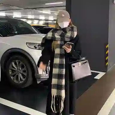 浪莎 超级氛围感马海毛流苏韩系加厚保暖格子仿羊绒 绒线围巾 通用