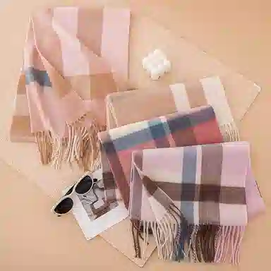 浪莎 羊毛高级感加厚格子拼接保暖羊绒围脖 绒线围巾 通用