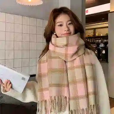 浪莎 韩系复古格纹氛围感学生保暖百搭 心动礼盒装 聚酯纤维 绒线围巾 男女同款情侣款