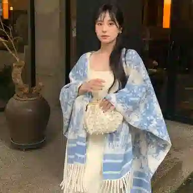 浪莎 复古名族风水墨画双面宽松流苏百搭保暖上衣外搭 聚酯纤维 披肩 女款