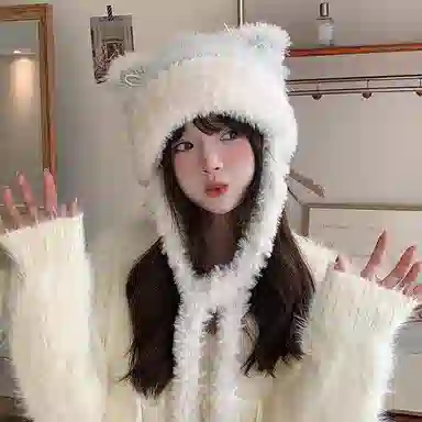 浪莎 纯欲风毛绒可爱蝴蝶结猫耳朵针织帽女生秋冬保暖加厚包头帽防风护耳针织帽 涤纶 绒线帽 女款