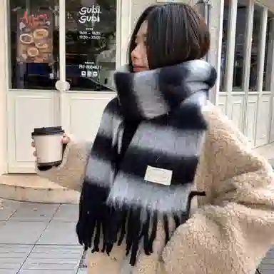 【加大加厚】 浪莎 流苏拼色条纹加大加厚围巾冬季韩系氛围感百搭保暖含羊毛软糯披肩围脖 绒线围巾 男女同款情侣款