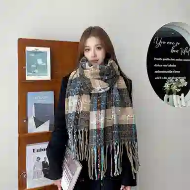 浪莎 满目星河 秋冬新款撞色格子冬季高级感学生加厚保暖百搭围脖披肩 礼盒装 绒线围巾 男女同款情侣款