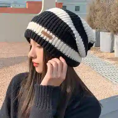 浪莎 韩式潮流字母贴标针织堆堆帽大头围时尚百搭休闲出街包头帽显脸小 聚酯纤维 绒线帽 男女同款情侣款