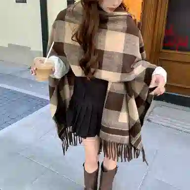 浪莎 优雅格子旅游保暖百搭高级感 聚酯纤维 披肩 女款